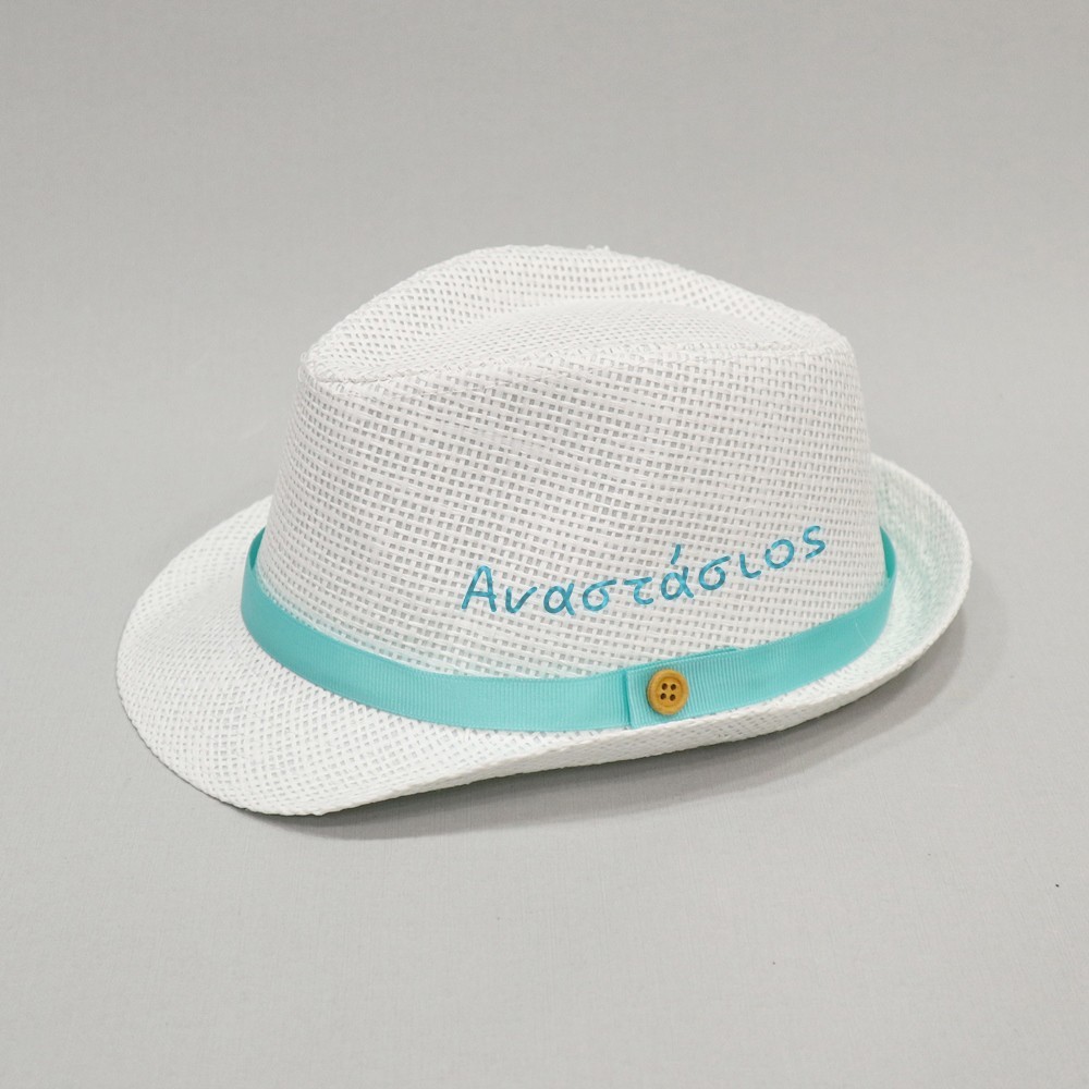 Βαπτιστικό καπέλο αγόρι λευκό - μέντα με όνομα onirata 14-01-08Ν