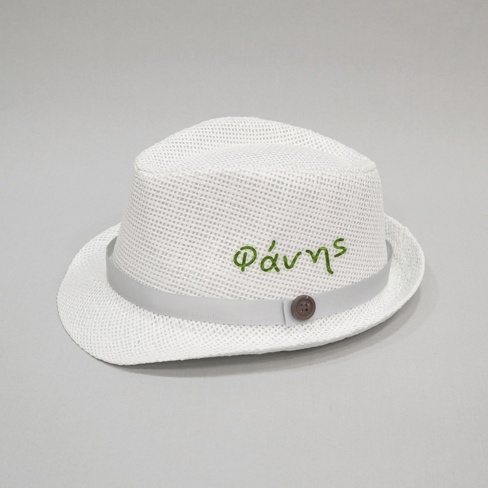 Βαπτιστικό καπέλο αγόρι λευκό - γκρι με όνομα onirata 14-01-05Ν