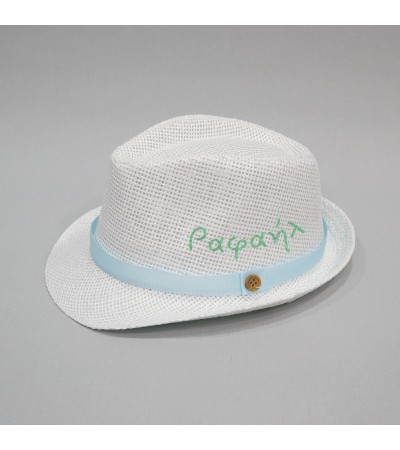 Βαπτιστικό καπέλο αγόρι λευκό - σιέλ με όνομα onirata 14-01-09Ν