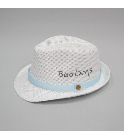 Βαπτιστικό καπέλο αγόρι λευκό - σιέλ με όνομα onirata 14-01-09Ν