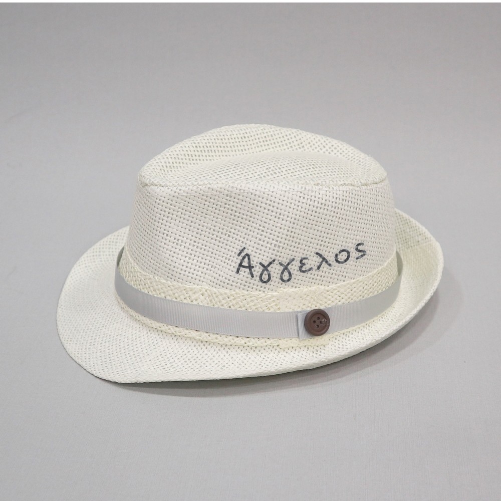 Βαπτιστικό καπέλο αγόρι εκρού - γκρι με όνομα onirata 14-02-05Ν