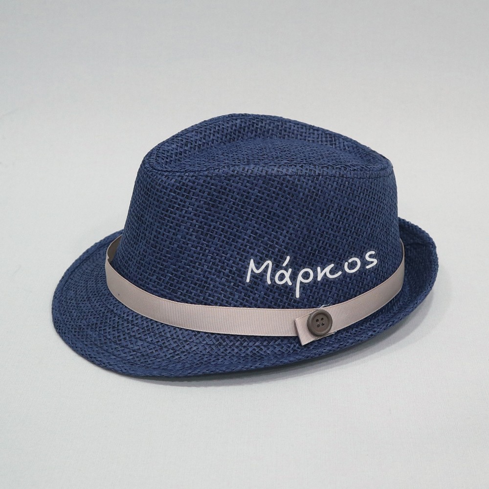 Βαπτιστικό καπέλο αγόρι μπλε σκούρο - μπεζ καφέ με όνομα onirata 14-03-04Ν